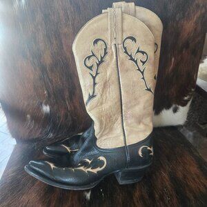 VINTAGE TONY LAMA LADIES COWBOY BOOTS BLACK TAN INLAY 6.5